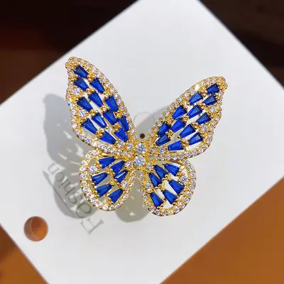 Copper butterfly ring with zirconia stones, adjustable size - 10