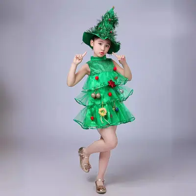 Mädchen-Weihnachtsbaum-Auftrittskostüm, grünes Hanfu - 5