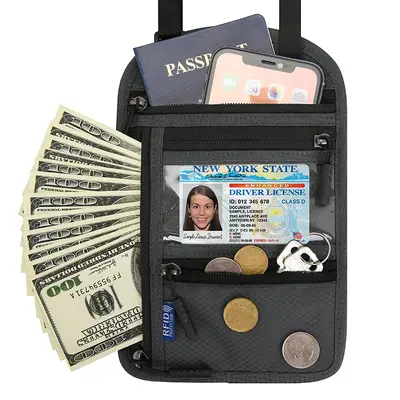 RFID neck wallet for travel documents and passport