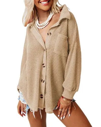 Women's Loose Waffle Knit Shirt for Autumn Winter, Casual and Office Wear - 6