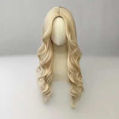Light Blonde Long Wavy Synthetic Wig with Center Part Bangs