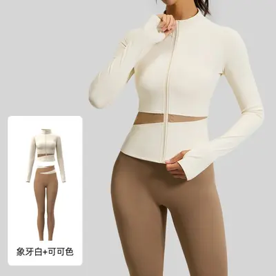夏季拼色瑜伽服裸感高弹跑步修身运动健身服两件套女 - 11
