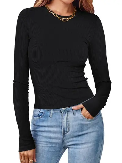 Women's Round Neck Long Sleeve Ribbed Solid Color Crop Top T-Shirt