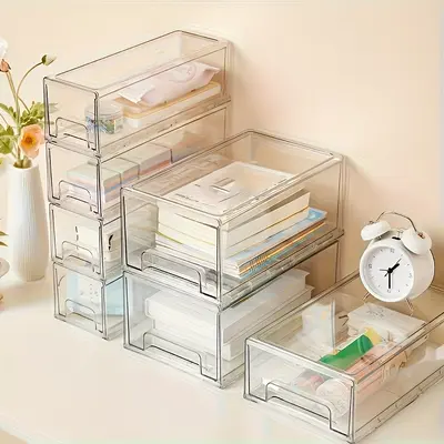 Clear PET cosmetics storage box with drawers