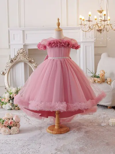 Mädchen-Prinzessinnenkleid mit Tüllrock und Blumenmuster, Geburtstagsparty