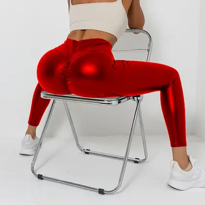 Women's Glossy Faux Leather Yoga Pants, Cropped Skinny Stretch Slim-Fit
