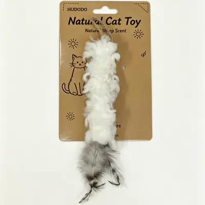 Natural Wool Cat Teaser Wand with Feathers, Teeth Cleaning Toy - 12