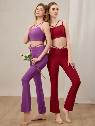 Women's Two-Piece Pilates Set, Tummy Control, Flared Pants