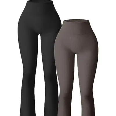 High-Waist Flared Ribbed Yoga Pants, Sports Long Leggings for Women