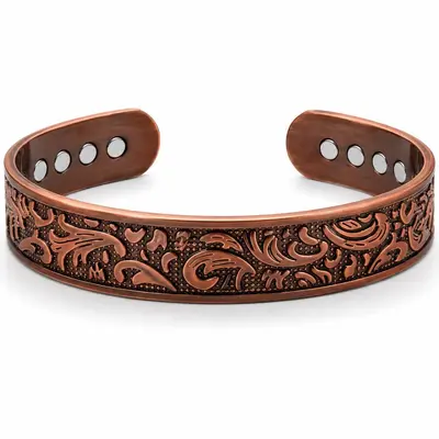 Antique copper bracelet, open design, magnetic adjustable