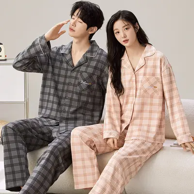 Couple's Home Wear Set, Long Sleeve Button-Up Pajama Set for Men and Women - 10