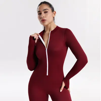 Women's Zip Long Sleeve Yoga Jumpsuit with Thumb Holes, Butt-Lifting Sports Bodysuit - 13
