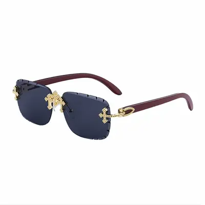 Retro Rimless Men's Sunglasses with Wood-Grain Temples - 7