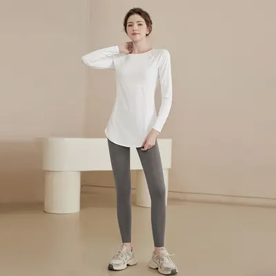 2025秋冬季新款瑜伽健身纯色长袖中长款显瘦瑜伽服健身服套装 - 11