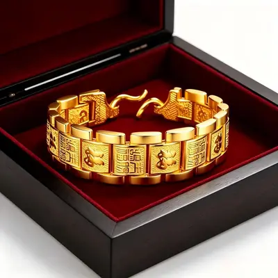 Men's Gold Wide Bai Fu Bracelet, Fashionable Trendy Design