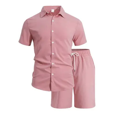Men's Short-Sleeve Shirt and Shorts Set, Solid Color, Summer - 6