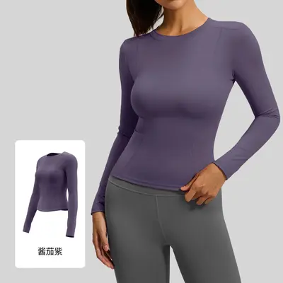 Juyitang Long-Sleeve Yoga Top, Round Neck, Slim Fit Sports T-Shirt - 9