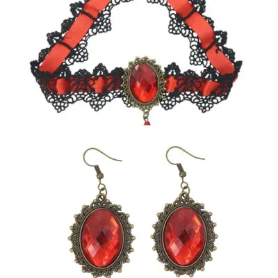 Vintage Gemstone Lace Necklace for Halloween Masquerade Party