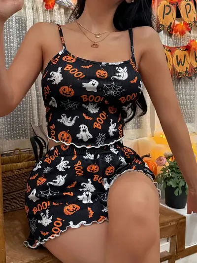Women's Pumpkin Print Bow Suspender Shorts Set, 2-Piece Homewear - 8