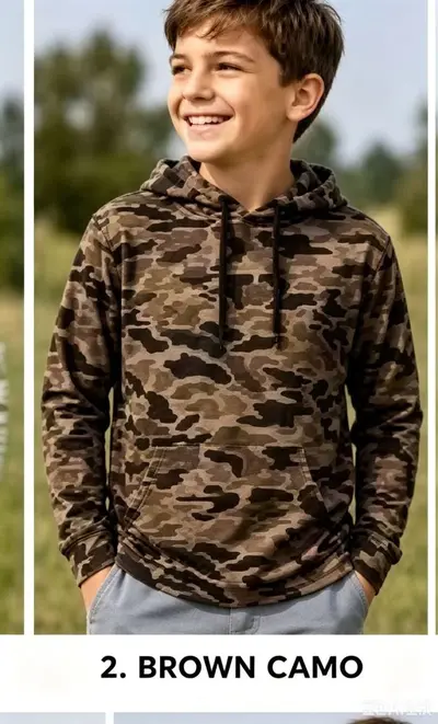Çocuk kapüşonlu sweatshirt, kamuflaj desenli, çok renkli dış giyim üstü - 12