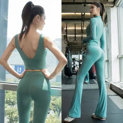 瑜伽服套装女春夏拉链立领运动外套上衣训练跑步显瘦微喇健身长裤