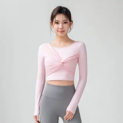 2026春带胸垫瑜伽服上衣女秋冬新款网纱扭结运动长袖跑步 健身衣 - 7