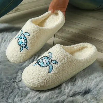 Embroidered Turtle Home Slippers, Unisex Memory Foam Warm Winter Slippers - 3