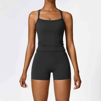 Fitness Two-Piece Set Nude-Feel Quick-Dry Tight Yoga Set Fashion Cross Strap Shorts Lifting Tummy-Control Hip-Lifting Women
