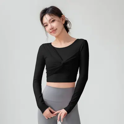 2026春带胸垫瑜伽服上衣女秋冬新款网纱扭结运动长袖跑步 健身衣 - 8