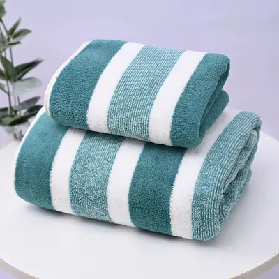 跨境条纹珊瑚绒毛巾大浴巾方巾8件套装柔软吸水宽条洗脸毛巾towel - 10