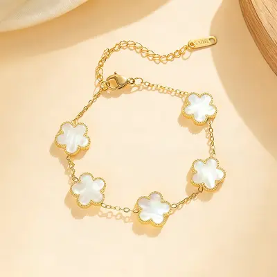 Sınır Ötesi Sıcak Satış 13MM Çift Taraflı Zincir Dört Yapraklı Yonca Beş Çiçekli Bileklik Moda Çok Yönlü Hafif Lüks İleri Seviye Altın Renkli Titanyum Çelik - 7