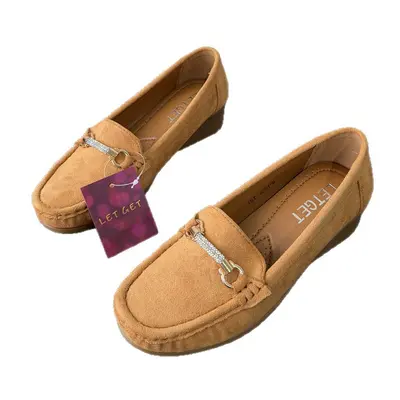 Kadın Topuklu Fasulye Ayakkabı, Taş Metal Tokalı Loafer, Yumuşak Tabanlı Kaymaz