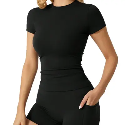 Women's Yoga Outfit Set, Quick-Dry, Short Sleeve with Pocket Shorts - 5