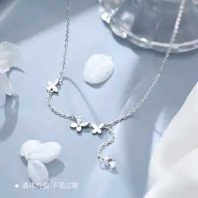 Kadınlar için 925 ayar gümüş kolye moda köprücük kemiği zinciri basit zarif internet ünlü kelebek gerdanlık niş tasarım ins minimalist tarz