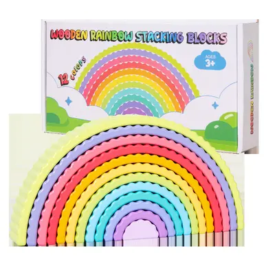 Rainbow Building Block Set DIY Wooden Educational Toy for Kindergarten - 10