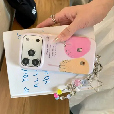 Pastel pink plaid chain phone case, star design, compatible iPhone 16-18 Pro Max