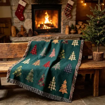 Vintage Christmas Patchwork Tassel Tapestry American Country Christmas Blanket Sofa Throw Christmas Holiday Decorative Blanket Tapestry
