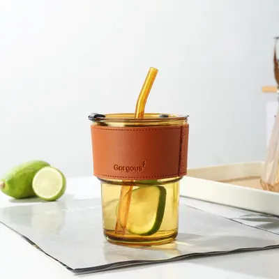 Trendy bambu pipetli kahve fincanı, mağaza promosyon hediyesi logolu baskılı cam su bardağı. - 7