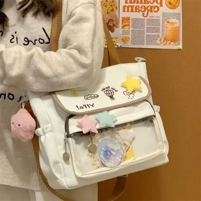Tatlı işlemeli büyük kapasiteli tote çanta şeffaf çubuk darı ağrı çantası tek omuz öğrenci crossbody çanta kadın sevimli