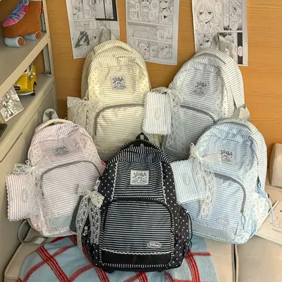 Lace-Trim Women's Striped Schoolbag Backpack, Large Capacity - 4