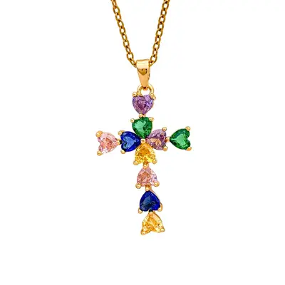 Cross Pendant Necklace with Colourful Zircon, Women's Fashion Jewelry