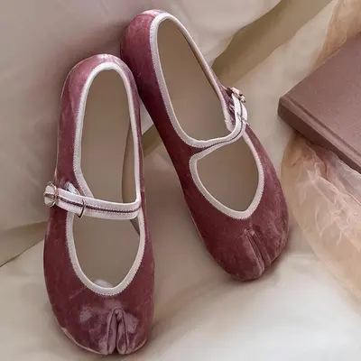 Genuine Suede Korean-Style Pig-Paw Toe-Post Ballet Flats, Mary Jane for Women