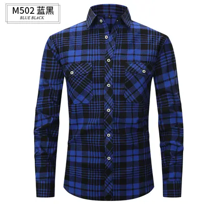 Slim fit kareli flanel erkek gömlek, uzun kollu, çift cepli, fırçalanmış kumaş - 8