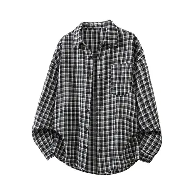 Men's Loose Retro Plaid Long-Sleeve Shirt, Japanese Style, Plus Size