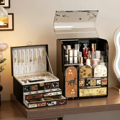 Desktop cosmetics storage box, multi-layer, large capacity, vintage