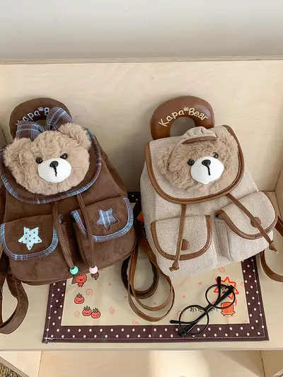 Plush Bear Flap Backpack for Girls, Plaid Pattern - 3