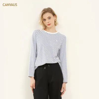 Damen Langarmshirt mit Streifen im Marine-Look, Rundhals, Basic