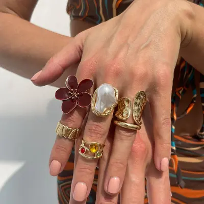 European and American cross-border design liquid lava flower open ring ins baroque imitation pearl inlay gemstone ring - 10