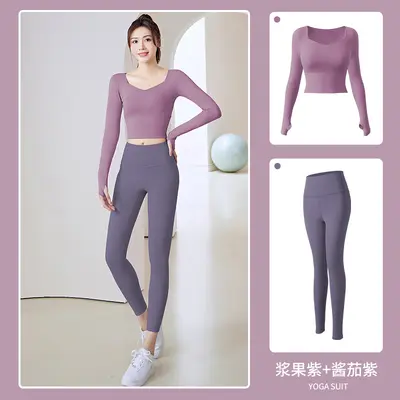 Damen-Yoga-Set, Langarm-Leggings, Lauftraining - 11