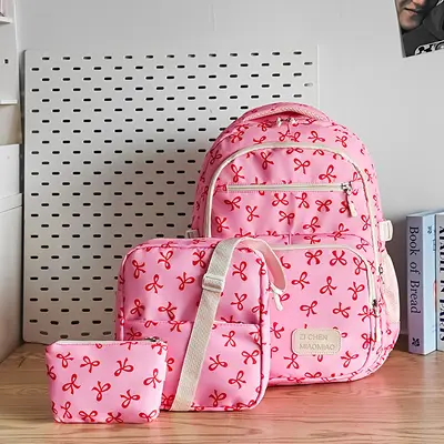 Bow Detail Large-Capacity Student Backpack Three-Piece Set - 9